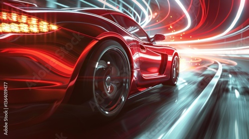 Red Sports Car Speeding Through Tunnel with Light Trails, Concept of Speed, Power, Motion, Luxury