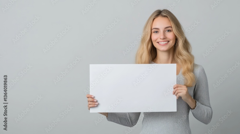 Smiling woman holds a blank white sign in studio Smiling woman holds a blank white sign in studio