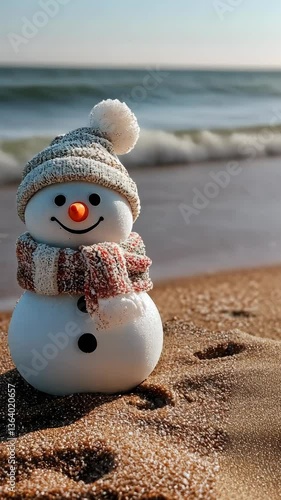 Snowman on the beach enjoying a sunny day by the ocean with waves gently crashing in the background