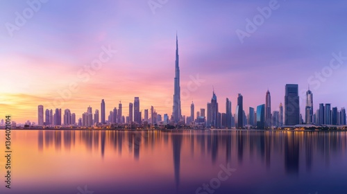 Breathtaking City Skyline at Sunset with Sleek Architecture and Reflective Water