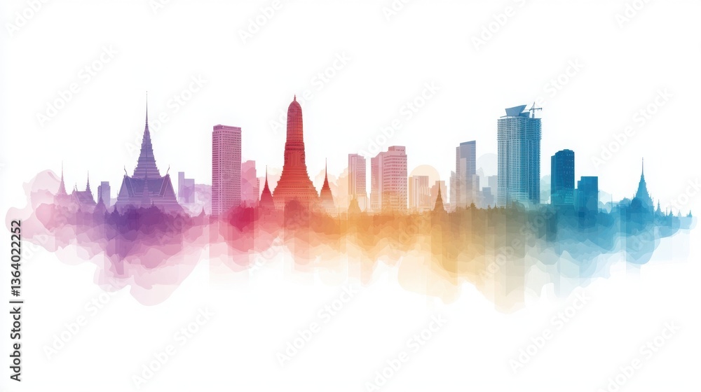 Fototapeta premium Tranquil Watercolor Scene of Bangkok with Temples and Skyline Silhouettes