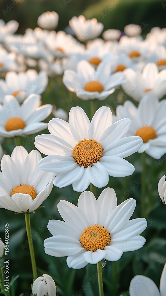 Fototapeta premium A field of bright white daisies with vibrant yellow centers