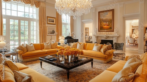 Luxurious Living Room with Yellow Sofas and Crystal Chandelier in an Elegant Home Interior