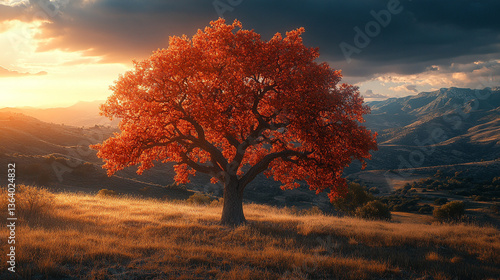 A single tree with orange leaves stands in a field at sunset with mountains in the background.