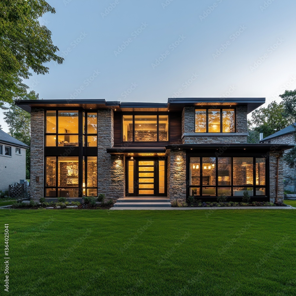 Modern two-story house with stone facade and large windows at dusk. Modern two-story house with stone facade and large windows at dusk.