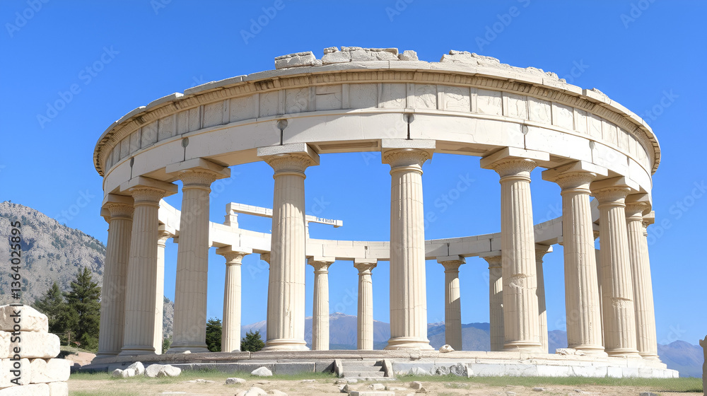 Obraz premium The Tholos of Delphi, a circular temple and one of the ancient structures of the Sanctuary of Athena Pronaia, Delphi, Greece