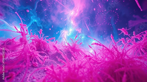Vibrant Cosmic Sea of Pink Microorganisms: A Surreal Visualization of Deep Space Organisms Depicting Alien Landscapes and Abstract Patterns in a Colorful Universe