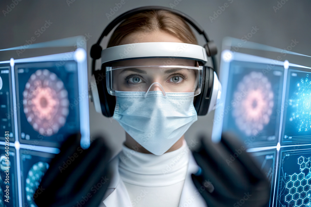 Breast cancer Technology concept. A scientist utilizes advanced technology while wearing a mask and headset, analyzing digital data. Breast cancer Technology concept. A scientist utilizes advanced technology while wearing a mask and headset, analyzing digital data.