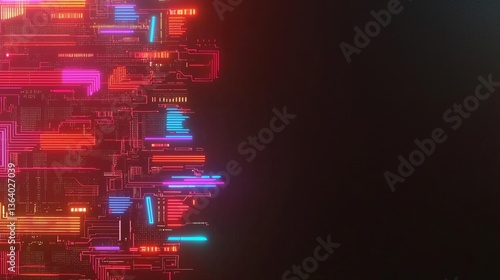 A vibrant, abstract digital design featuring colorful circuit patterns against a dark background, evoking a futuristic technology theme.