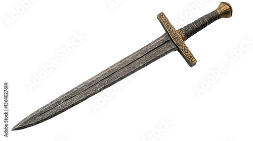 Ancient Sword in Close-Up: A detailed close-up of a historical sword, showcasing its intricate craftsmanship and the passage of time through its weathered appearance.