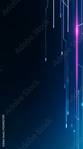 A digital abstract background featuring vertical lines with glowing effects in blue and purple against a dark backdrop.
