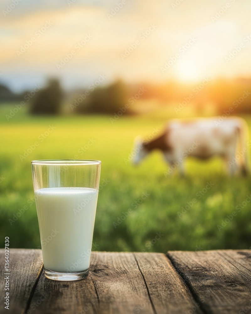 Fresh milk in a glass on a wooden table with a grazing dairy cow and a vibrant green pasture at sunset Fresh milk in a glass on a wooden table with a grazing dairy cow and a vibrant green pasture at sunset