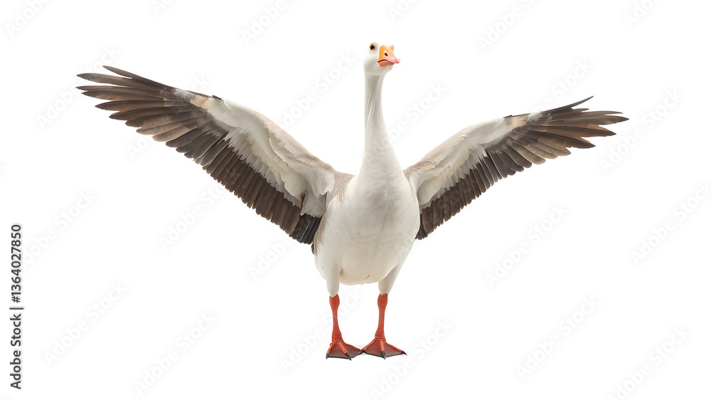 Fototapeta premium Funny goose points wing to side standing isolated on white background