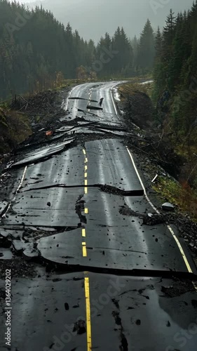Damaged road after significant earthquake event near mountain region displaying landslides and destruction