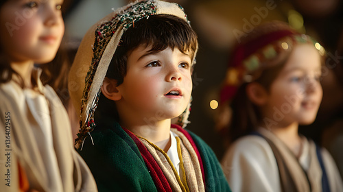 A school Christmas nativity play where children sing carols while portraying the story of Jesus’ birth.
