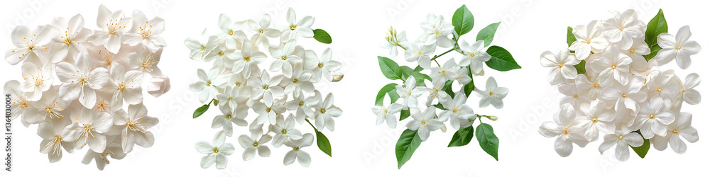 Obraz premium Four Clerodendrum Clusters Flowers, Green Leaves, on Transparent