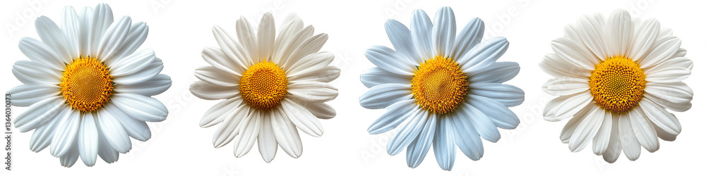 Naklejka premium Four Daisy Flowers with Petals and Yellow Centers on Transparent