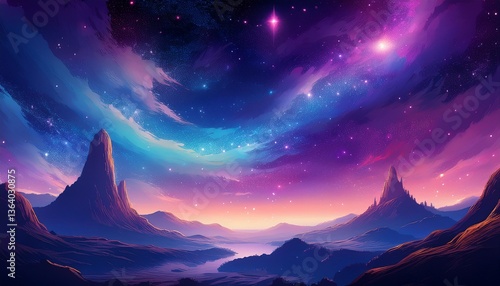 Whimsical Galaxy Dreamscape with Celestial Fantasy Sky in Deep Purples and Blues