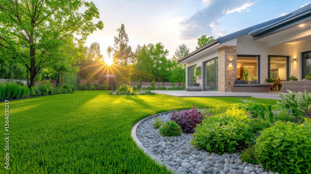 Fototapeta premium Gorgeous modern home surrounded by flourishing trees and well manicured lawn with a charming stone pathway leading through the verdant backyard garden basking in the warm glow of the setting sun