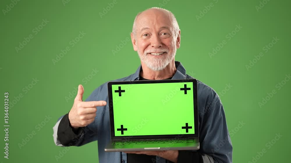 A mature man stands in a studio, smiling as he points at a laptop with a green screen. He embodies the spirit of entrepreneurship in a professional environment. A mature man stands in a studio, smiling as he points at a laptop with a green screen. He embodies the spirit of entrepreneurship in a professional environment.