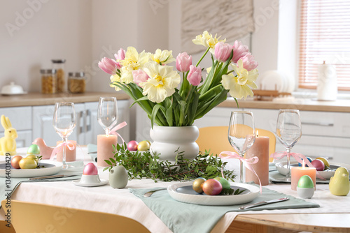 Wallpaper Mural Festive Easter table setting with vase of flowers, cutlery, napkins and painted eggs in kitchen Torontodigital.ca