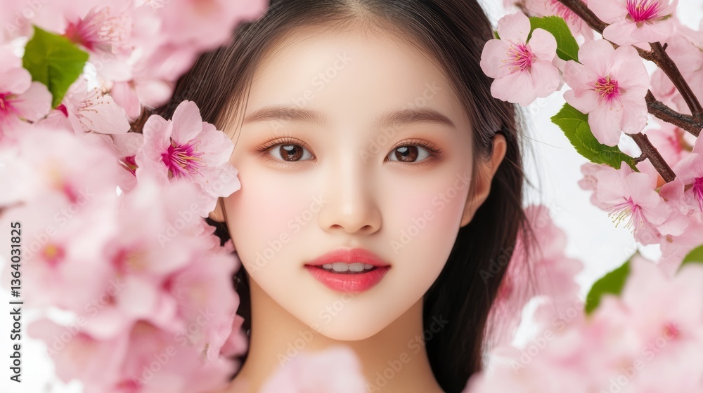 Portrait of a young woman surrounded by pink cherry blossoms Portrait of a young woman surrounded by pink cherry blossoms