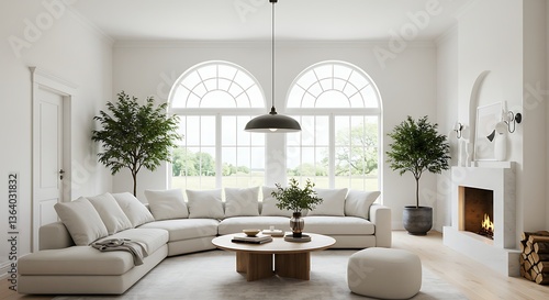 Minimalist home interior design of spacious modern living room with a sectional sofa and large windows.
