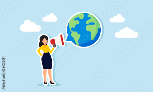 A businesswoman speaks through a megaphone, generating a globe-shaped chat dialogue, illustration of education and socialization on the importance of mastering the global market