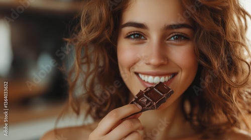 Woman eating dark chocolate, kitchen background, happy