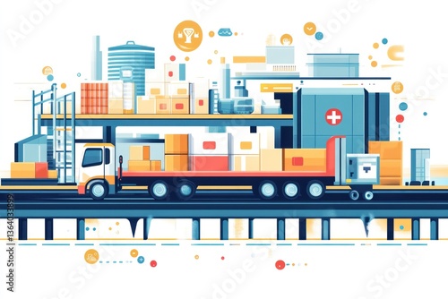 Industrial goods transport on elevated highway with city background