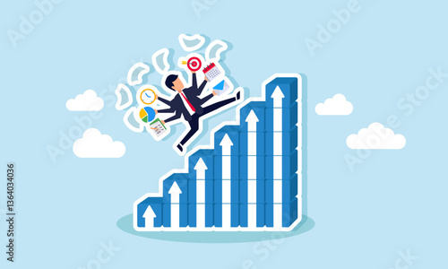 A businessman with multiple hands, each holding a work icon, runs up a graph made of stacked boxes, illustration of multitasking ability in supporting business career growth