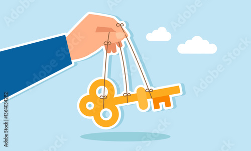 A hand manipulates a key using strings attached to fingers and the key, illustration of key control in business