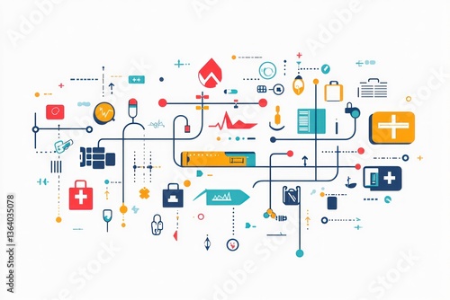 Medical infographic network, connecting healthcare components, showing complex system