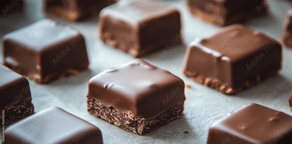 Arrangement of Chocolate Covered Brownies on Parchment Paper Close Up View Arrangement of Chocolate Covered Brownies on Parchment Paper Close Up View
