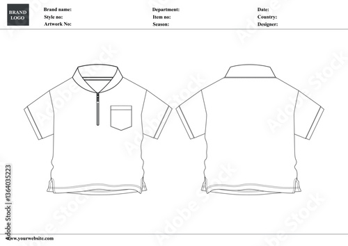 Short sleeve polo shirt technical drawing fashion flat sketch vector illustration template fro kids