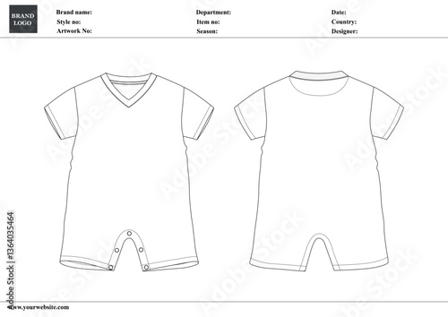 Long sleeve romper bodysuit technical drawing fashion flat sketch vector illustration template for kids.
