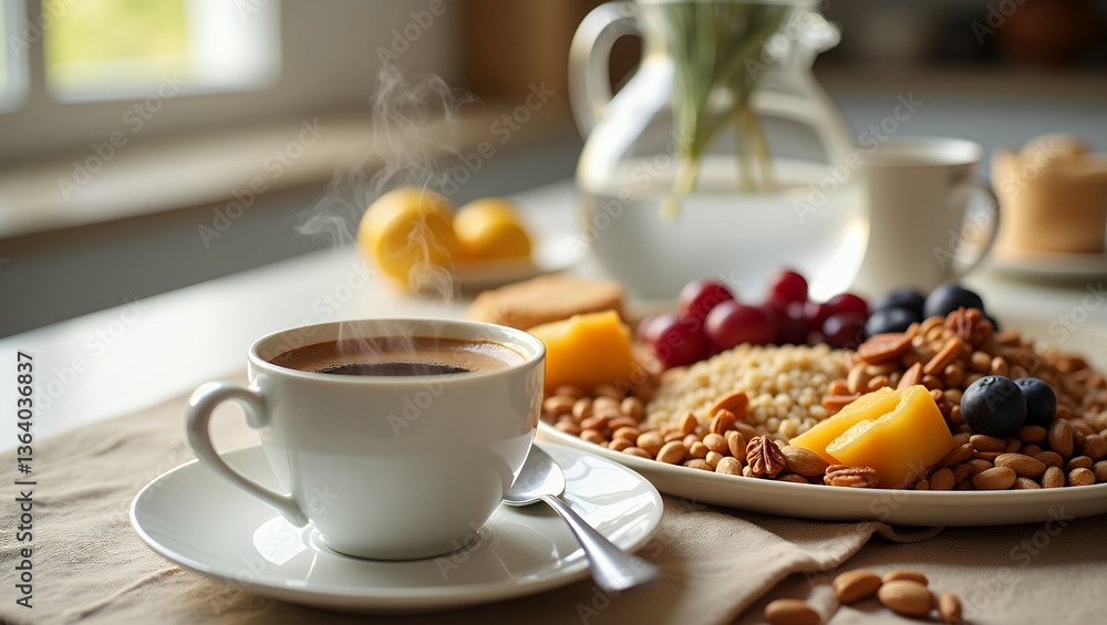 Steaming coffee cup with breakfast tray and fruit Steaming coffee cup with breakfast tray and fruit