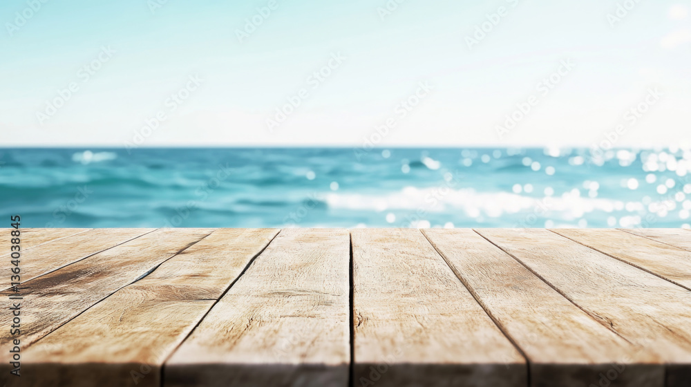 Wooden table by the sea with clear water and bright sunlight Wooden table by the sea with clear water and bright sunlight