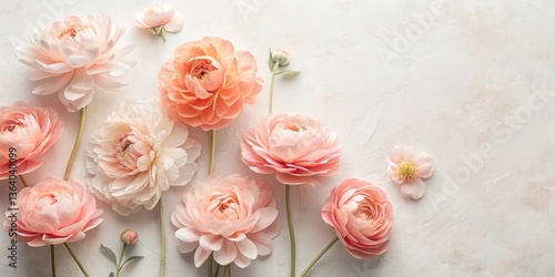 Delicate pastel peach ranunculus blossoms arranged artfully on a textured white backdrop, creating a serene and elegant floral composition.
