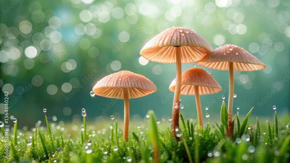 Fototapeta premium Delicate mushrooms with dew drops, nestled in vibrant green moss, bathed in soft sunlight