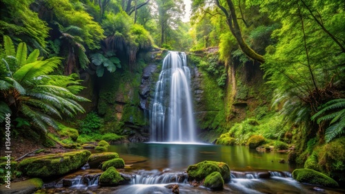 waterfall in forest surrounded by tall trees with lush greenery and ferns, serenity, green, serenity,green,calm