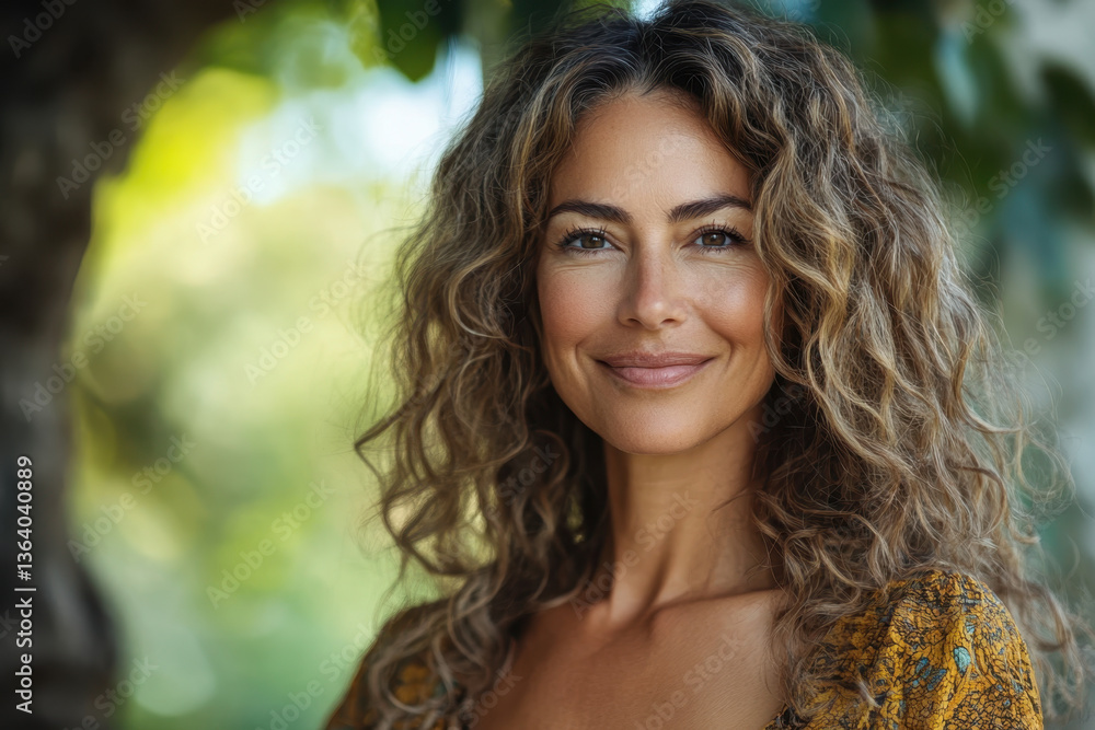 Fototapeta premium Woman with long hair in yellow dress standing in a sunlit field, with a bouquet of wildflowers in her hand, smiling brightly at the camera.