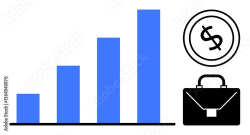 Blue bar chart showing upward growth, black dollar coin, and briefcase expressing concepts of growth, profits, savings, investment, strategy, financial planning and business concepts. Ideal