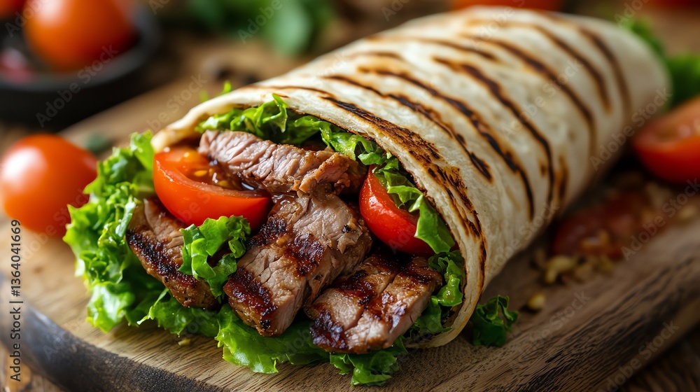 Grilled Meat Wrap with Lettuce and Tomato Ready to Eat Grilled Meat Wrap with Lettuce and Tomato Ready to Eat