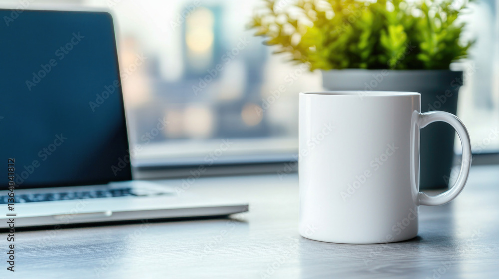 Stylish white cup mockup with natural light and sleek design elements Stylish white cup mockup with natural light and sleek design elements