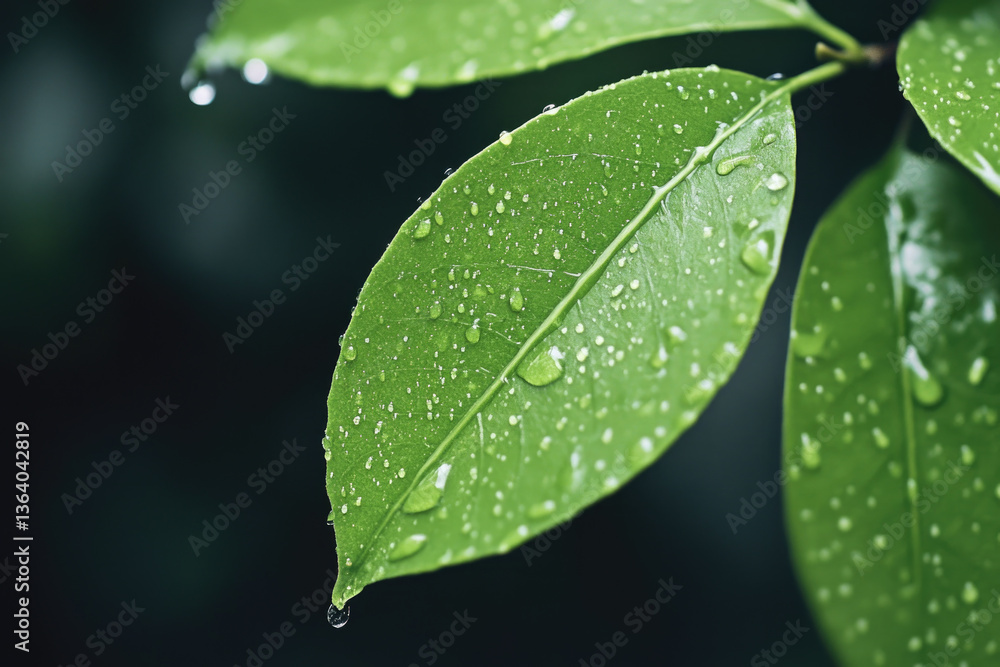 Fototapeta premium Rain gently falling on vibrant green leaf with cinematic lighting effects