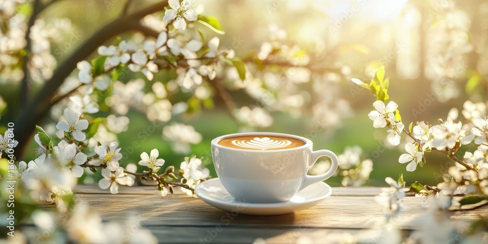 Enjoying coffee surrounded by blooming flowers in a serene garden during spring sunset Enjoying coffee surrounded by blooming flowers in a serene garden during spring sunset