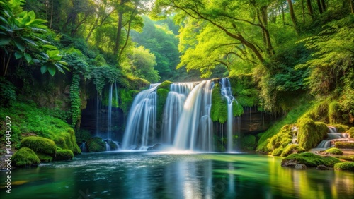 waterfall surrounded by lush greenery in the woods, serene atmosphere