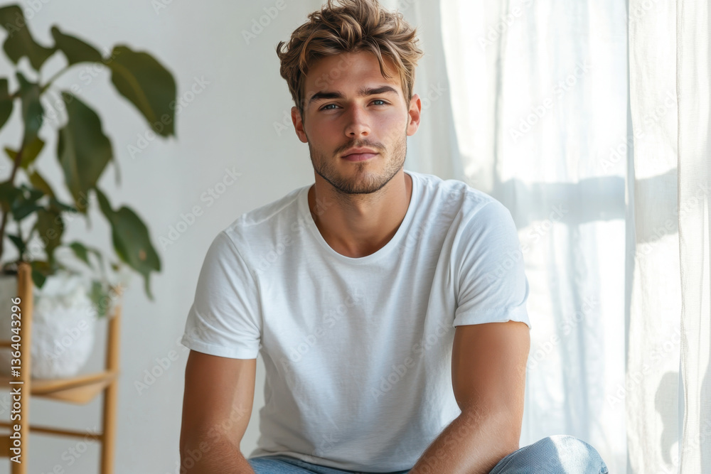 Man sitting on couch by window, staring outside lost in thought. Man sitting on couch by window, staring outside lost in thought.