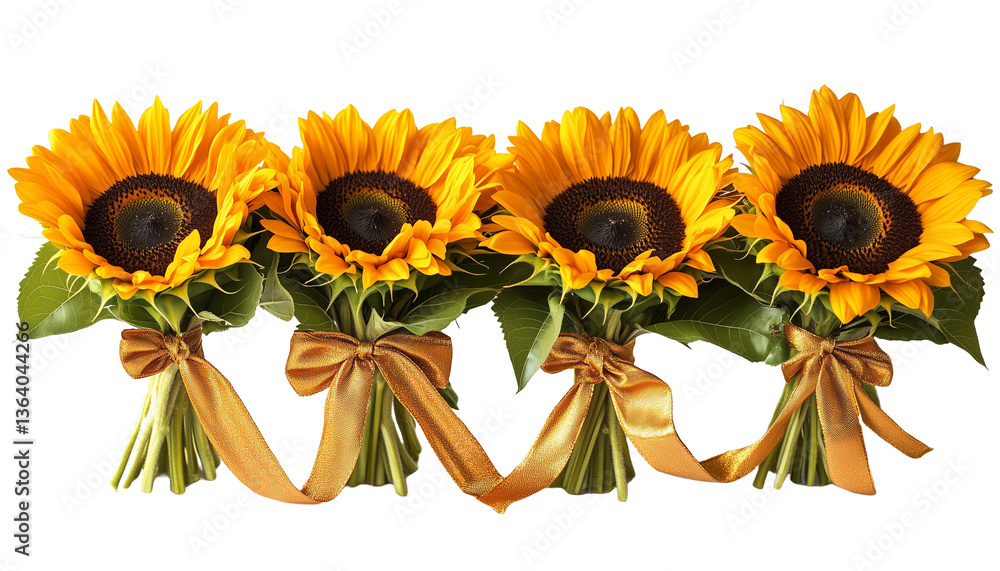 Naklejka premium Row of Four Sunflower Bouquets Tied with Gold Ribbons on a Transparent